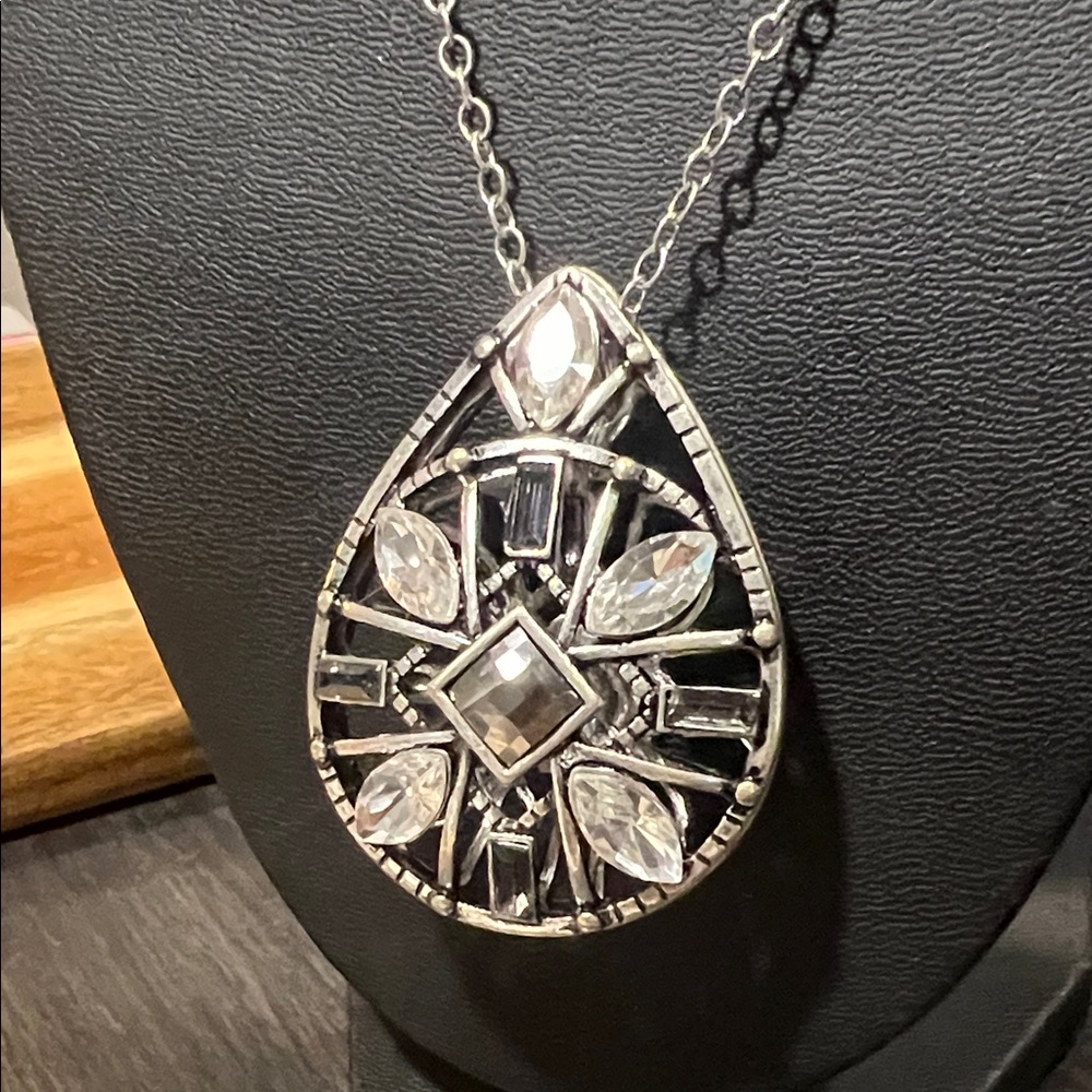 Silver tone Teardrop cage Pendant Necklace with faux crystals
